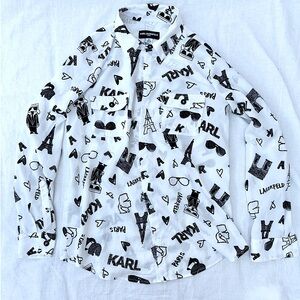 Karl Lagerfield Paris Women's Long Sleeve Button-up Blouse white Eiffel Towel XS
